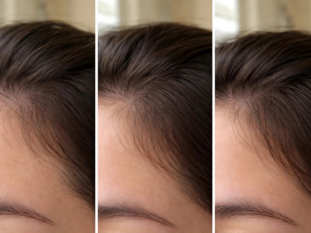 Close-up of a person’s dark hair showing new growth at three time stages on the scalp