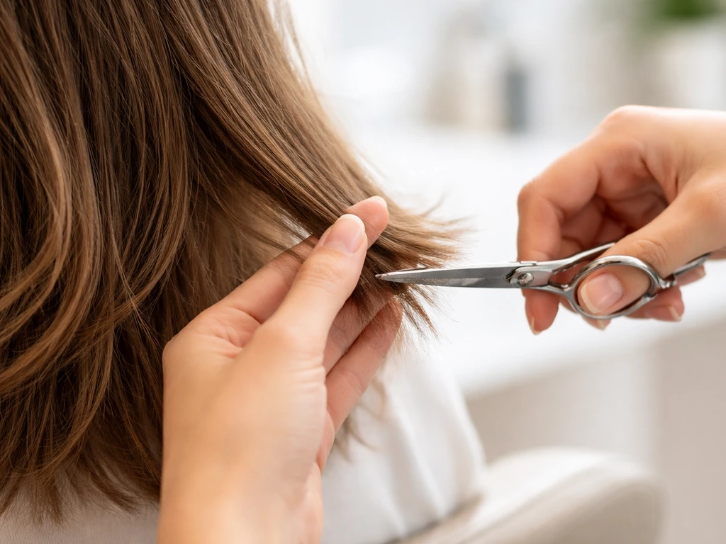 Hairstylist’s shears making small, precise snips on a held hair section in a simple salon.