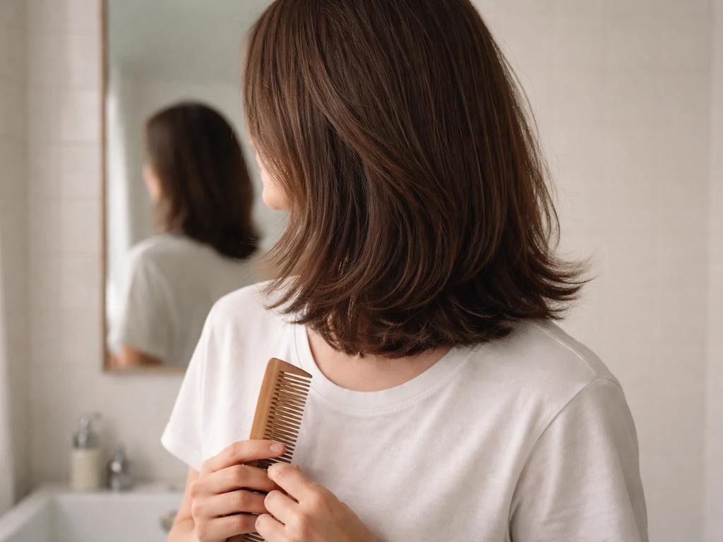 Person with slightly layered, freshly cleaned hair holding a comb in a bright bathroom mirror