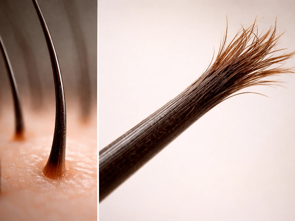 Close-up of hair strands showing live roots near the scalp and trimmed split ends at the tips