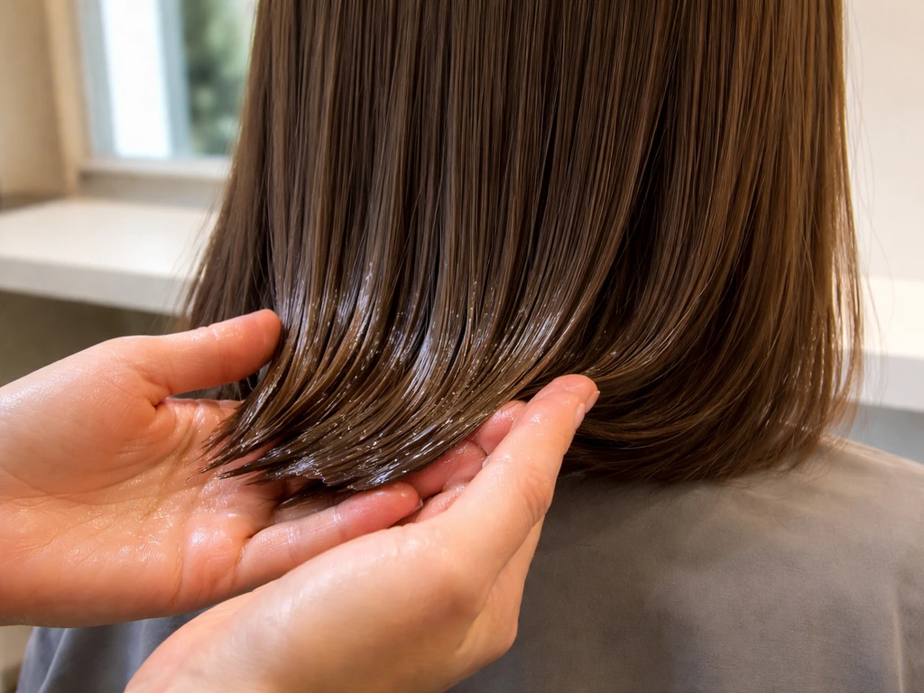 Barber applying a small amount of leave-in conditioner to freshly cut hair ends at the salon