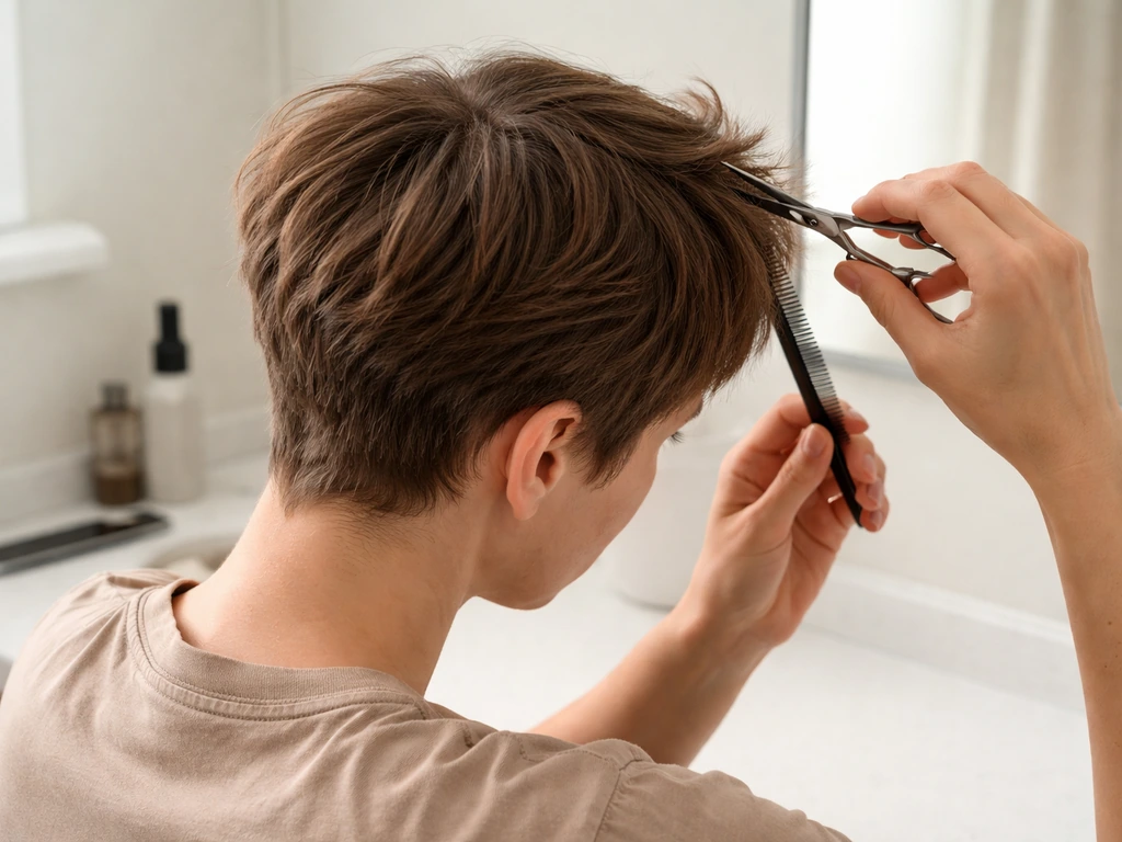 Side view of an adult grooming an uneven pixie-to-grow-out hair phase with comb and scissors in a bright bathroom