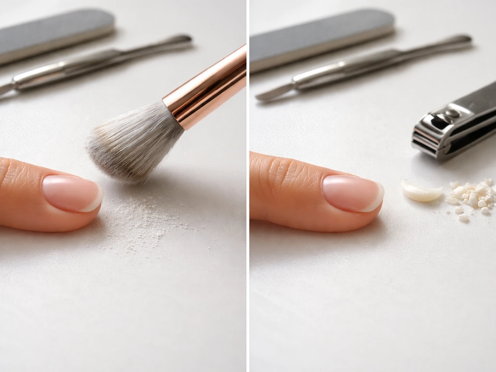 Two minimal manicure tool scenes side-by-side: light dusting vs fuller nail trimming on a clean countertop.
