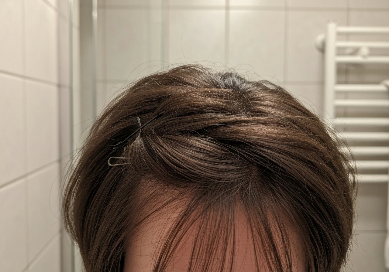 Close-up of crown hair in an awkward growth stage, bulky layers, partially pinned to tame it.