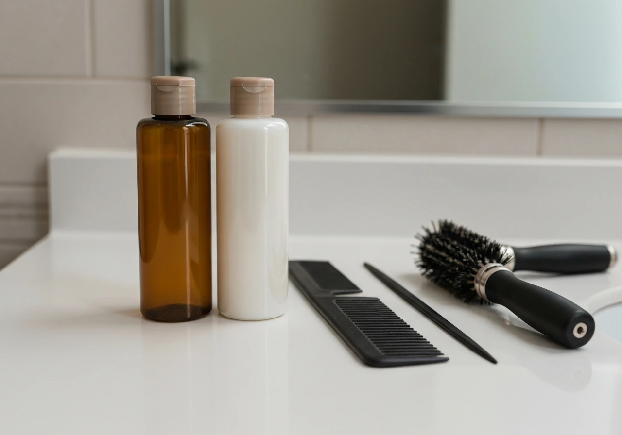 Lightweight conditioner and styling cream bottles on a counter with a wide-tooth comb and round brush.