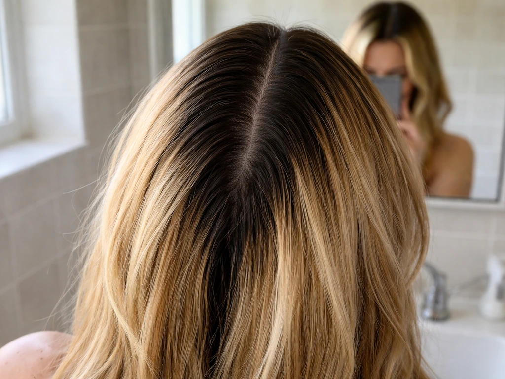 Close-up mirror view of hair showing a clear regrowth line at the roots in a bright bathroom setting.