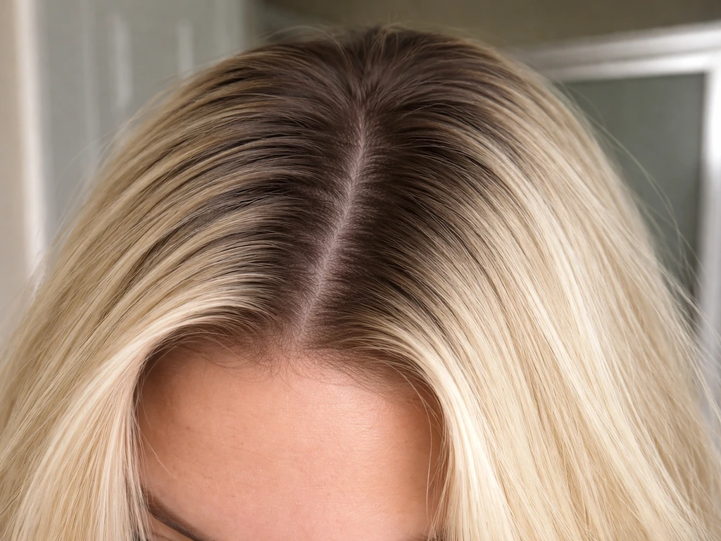 Close-up of hair roots under bright natural light showing a clear natural band vs dyed lengths.