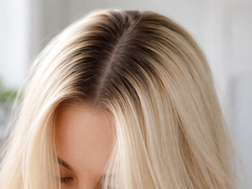 Close-up of platinum blonde hair with darker bleached roots showing sharp root contrast.