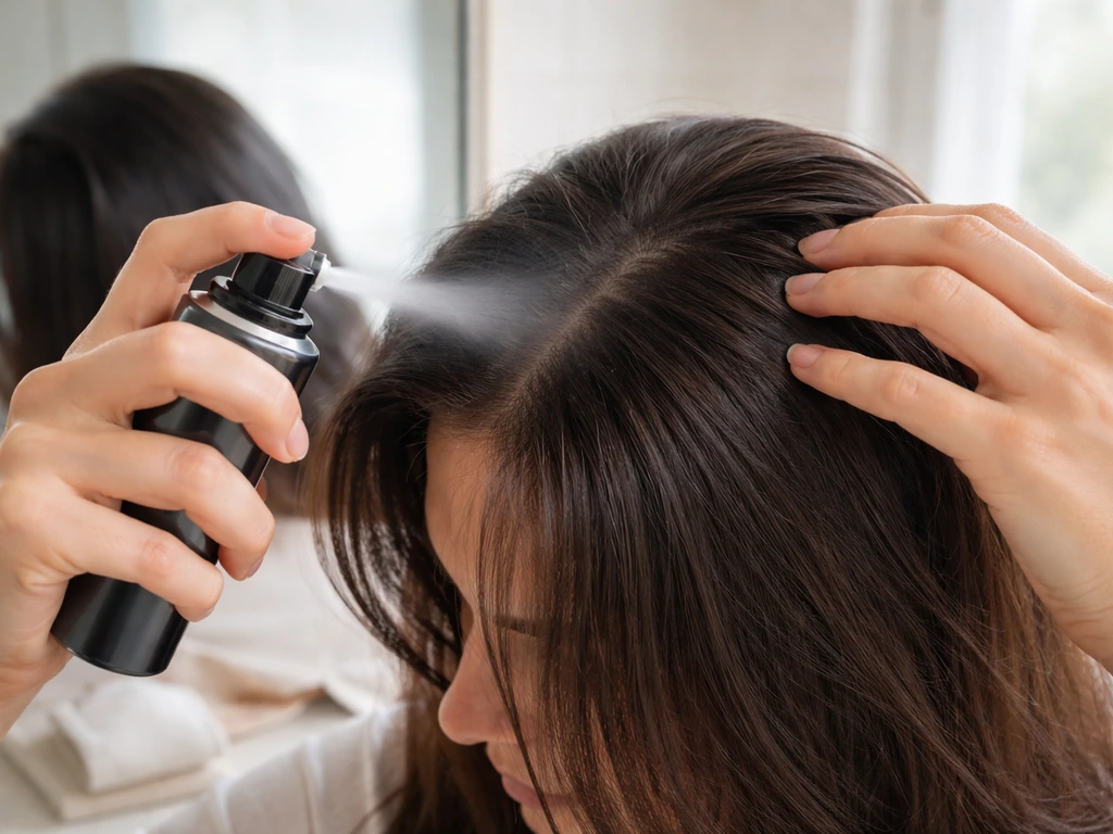 Person applying a root touch-up spray to a visible hair part line in a bathroom mirror