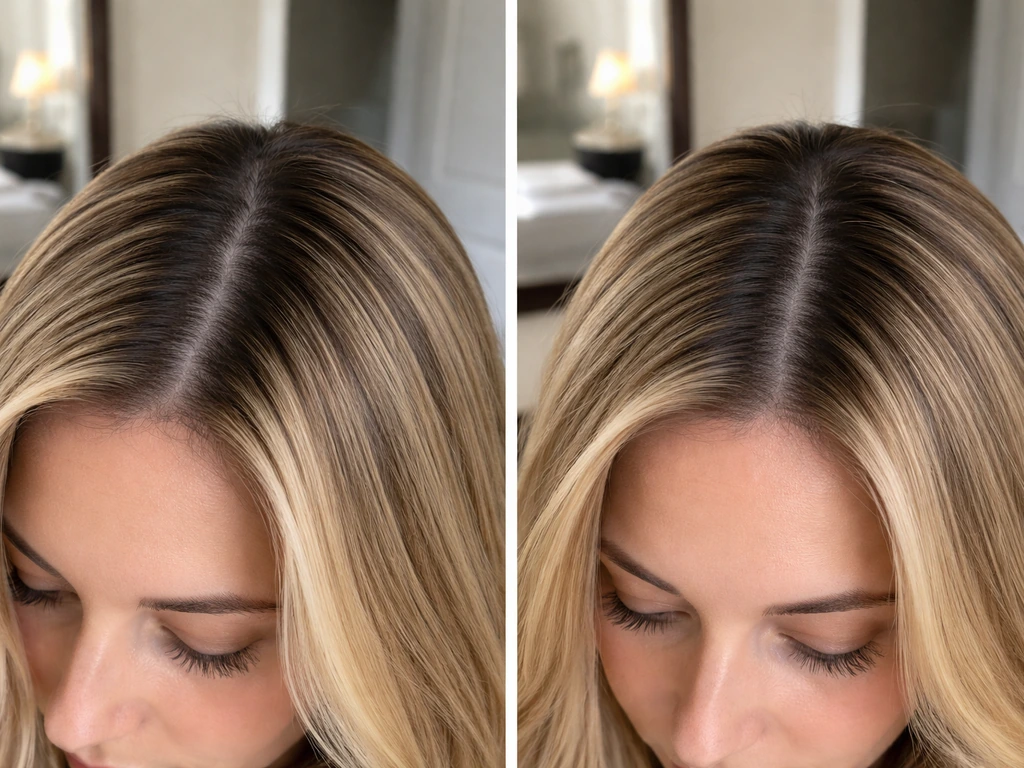 Close-up of hair showing a shifted root line after switching between side and center parts