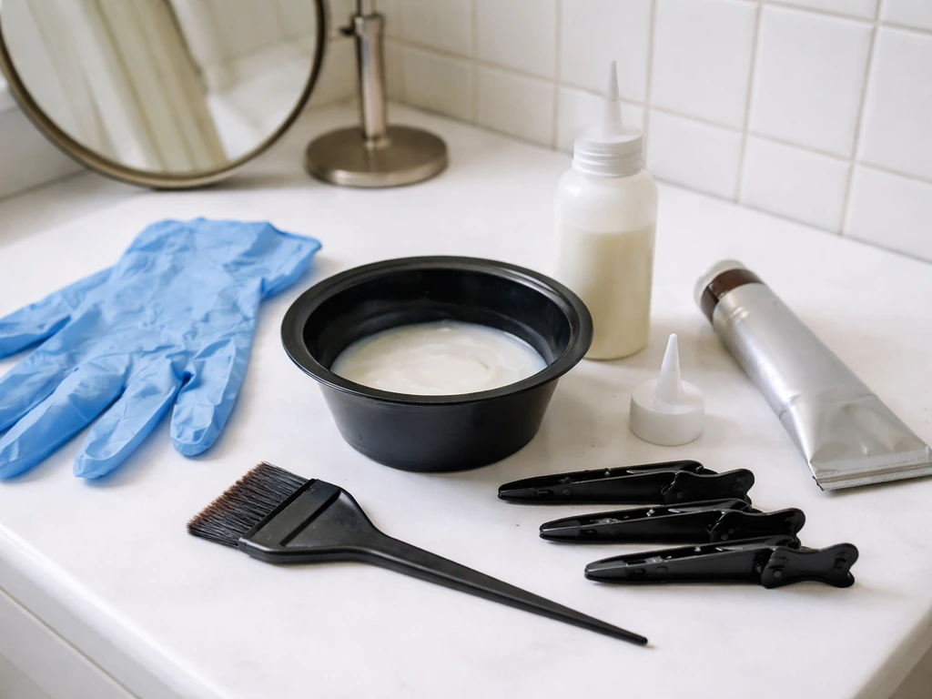 At-home root touch-up tools—gloves, applicator brush, dye tubes, bowl, and clips—on a bathroom counter.