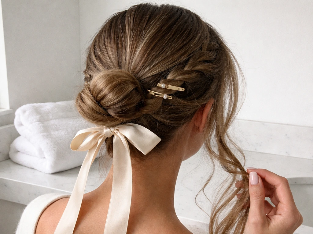 Low bun and loose braid with hair accessories on a simple vanity surface