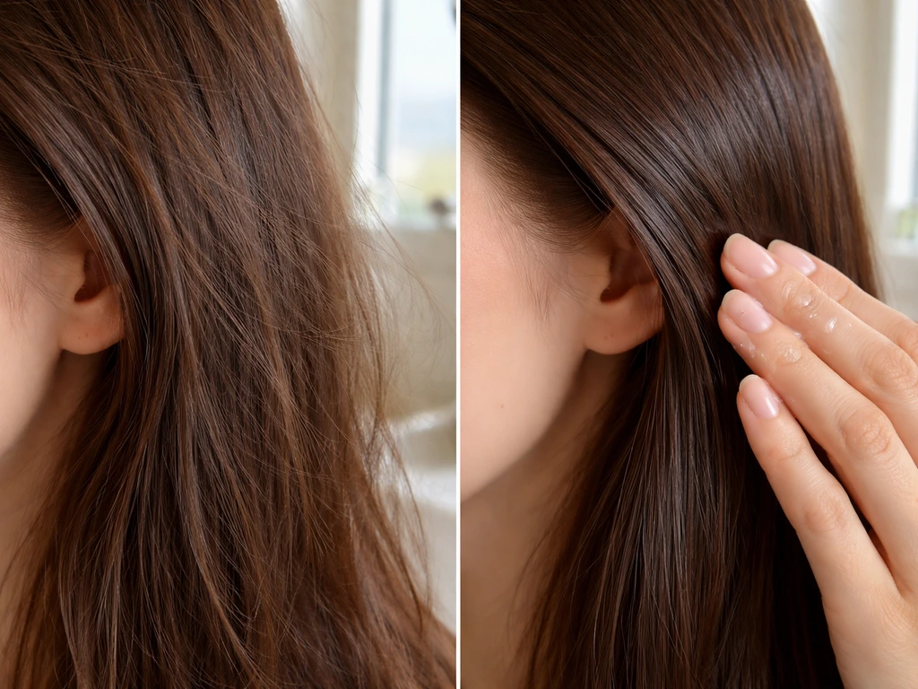 Close-up of uneven hair sides: one side frizzy, the other smoothed with a lightweight serum applied by hand.