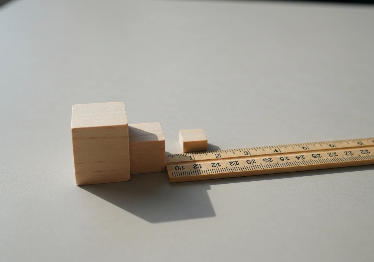 Close-up of a small wooden block beside a ruler, with subtle measuring milestones in soft focus