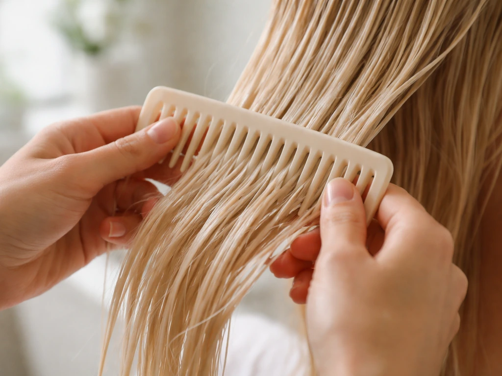 Close-up of fine hair being gently detangled strand by strand with a wide-tooth comb on conditioner.