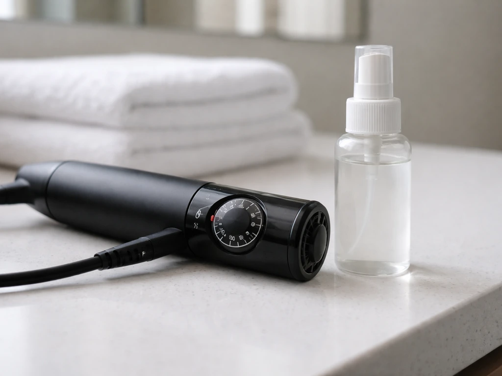 Fine-hair heat styling tools on a bathroom counter with a temperature dial near 300–350°F and heat protectant bottle