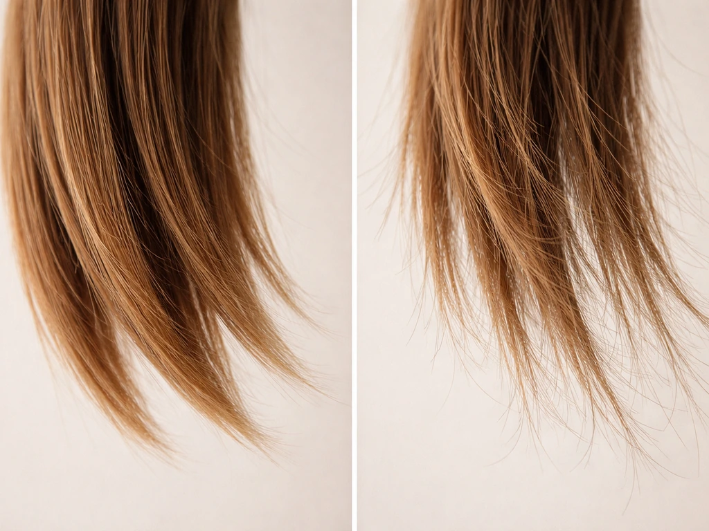 Two close-up views of fine hair ends: healthy sealed ends vs ends with visible splits and breakage.