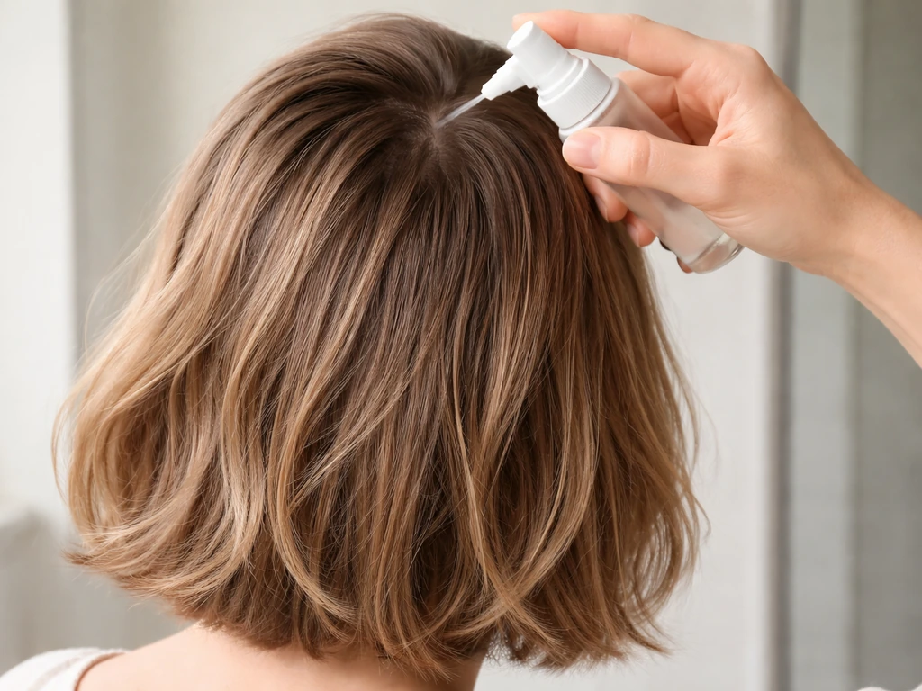 Fine hair bob-to-lob stage with subtle volume at roots and flatter ends, product applied