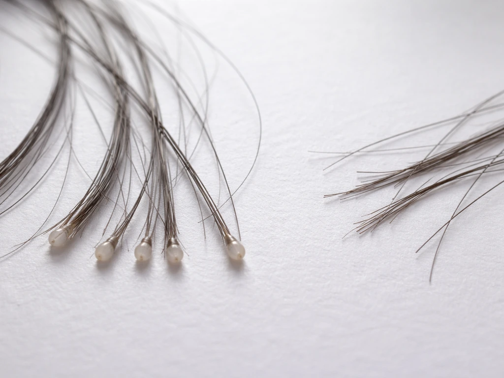 Close-up of hair root ends with small white bulbs beside shorter broken strands on a clean surface.
