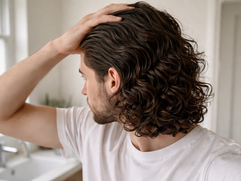 Anonymous man with long wavy hair showing natural waves and controlled frizz in a bright bathroom.