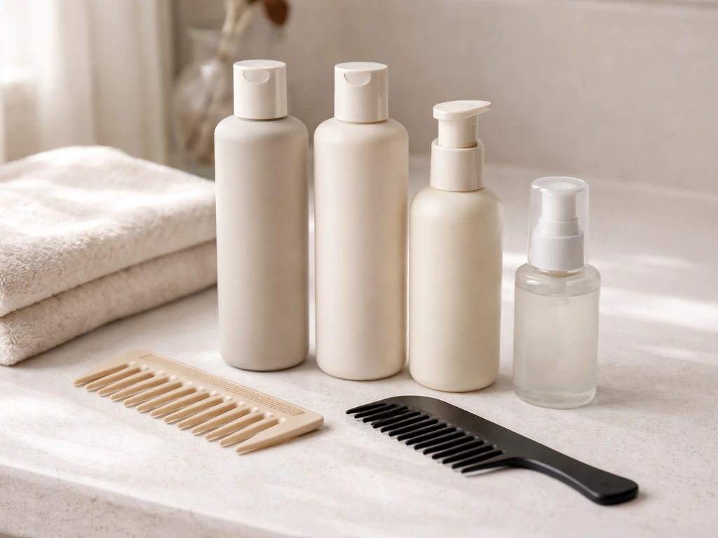 Minimal lineup of wavy-hair care items: shampoo, conditioner, leave-in, wide-tooth comb, and styling product.