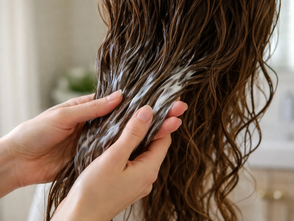 Hands apply conditioner to wavy hair mid-shaft to ends, showing glossy coated ends.