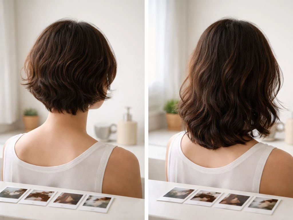 Small set of consistent-angle hair photos showing wavy hair growing from near-ear to shoulder length.
