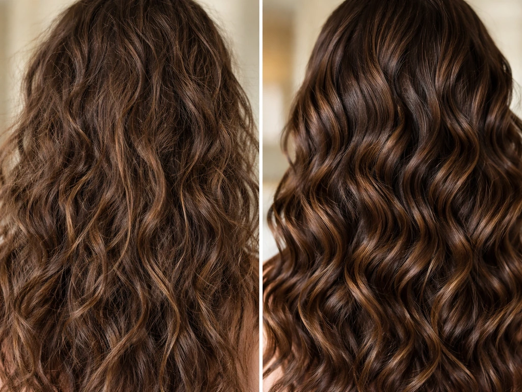 Close-up of wavy hair with frizz and flyaways versus smoother, defined waves after moisture styling.