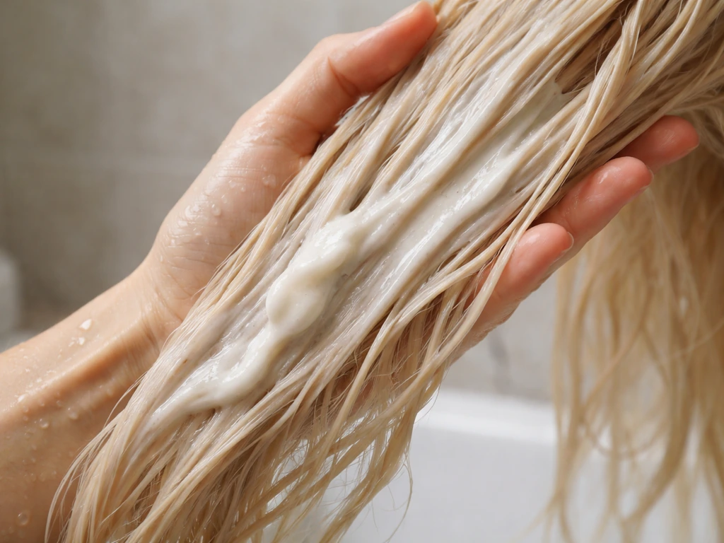 Close-up of bleached hair being gently conditioned with a creamy mask on damp hair in a bathroom
