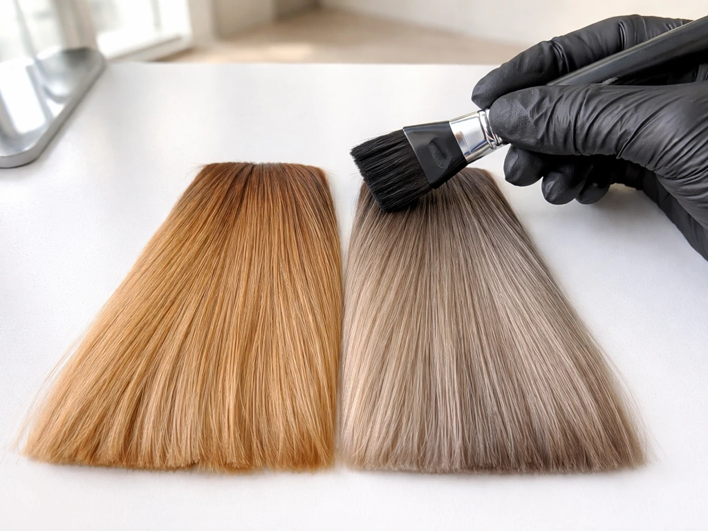 Gloved hand with hair-color brush showing two side-by-side dye tones and a blended transition.