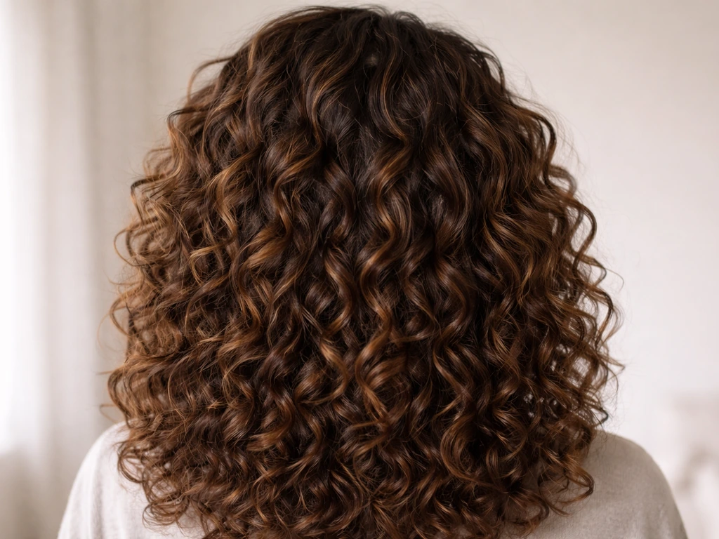 Close-up of a person’s curly hair showing controlled crown bulk and smoothly blended layers during grow-out stage.