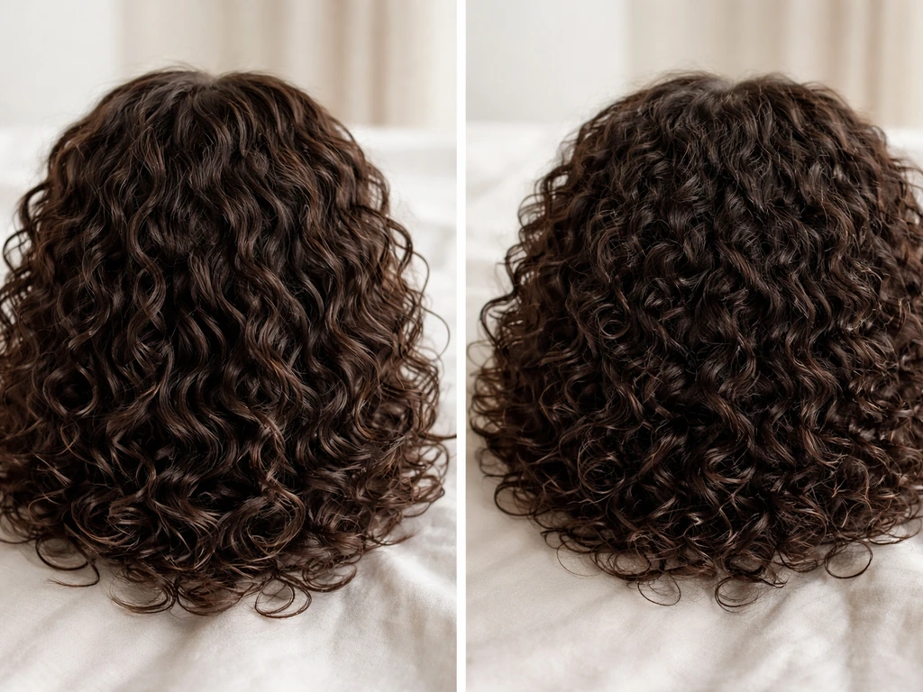 Curly hair crown area in two states: stretched vs natural, showing layer lines become harder to read