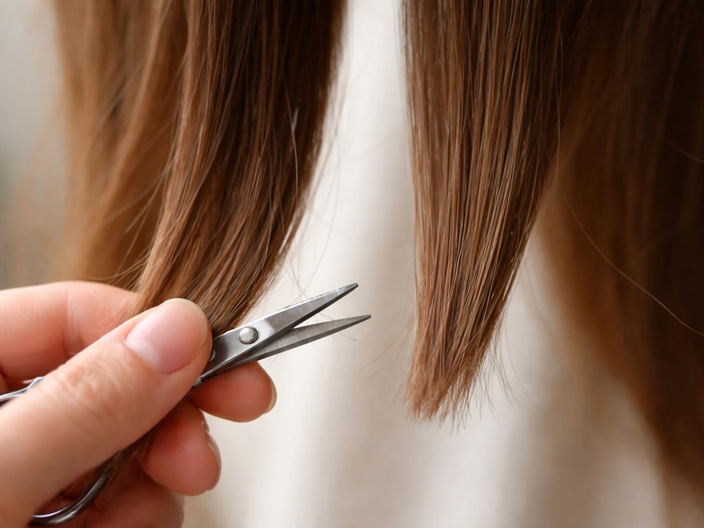 Close-up of micro-trimming/dusting hair ends with small scissors in natural light
