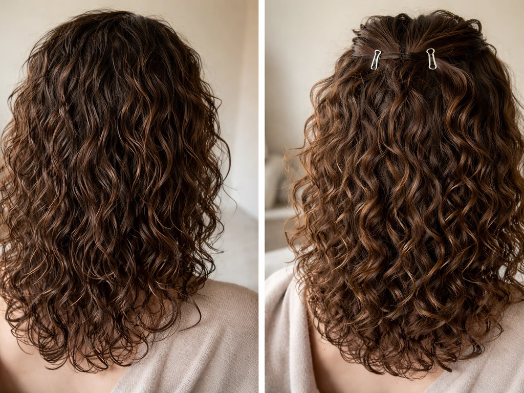 Two close shots of curly hair mid-style: diffused wash-and-go blending visible layer lines