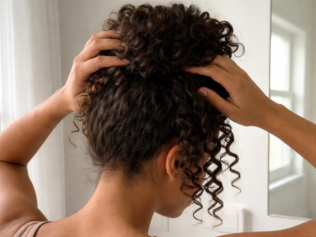 Loose high pineapple updo with visible twist-out/braid-out curls near the hairline in natural light.