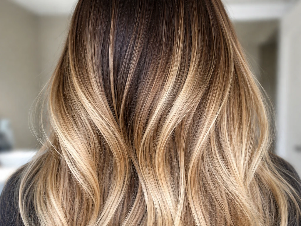 Close-up of hair showing roots-dark to lighter highlighted ends blending in a grow-out transition.