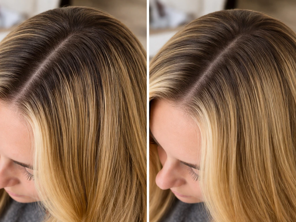 Close-up of hair showing a sharp highlight-root line next to a blended, seamless grow-out.