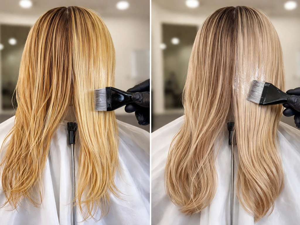 Close-up before/after hair toning: brassy blonde left, cooler neutral gloss right with gloved hands applying.