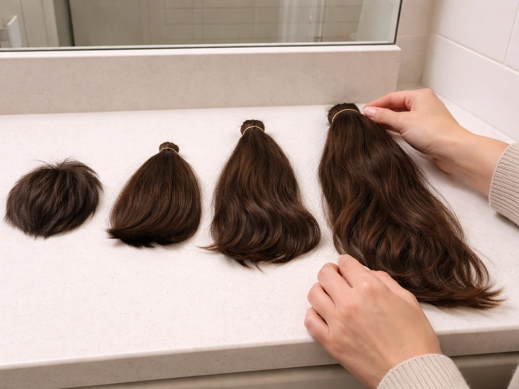 Four anonymous hair-care snapshots on a clean bathroom counter showing different grow-out stages.
