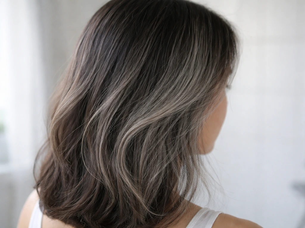 Close-up of hair with soft grey grow-out blend, no harsh line, in a bright natural setting.