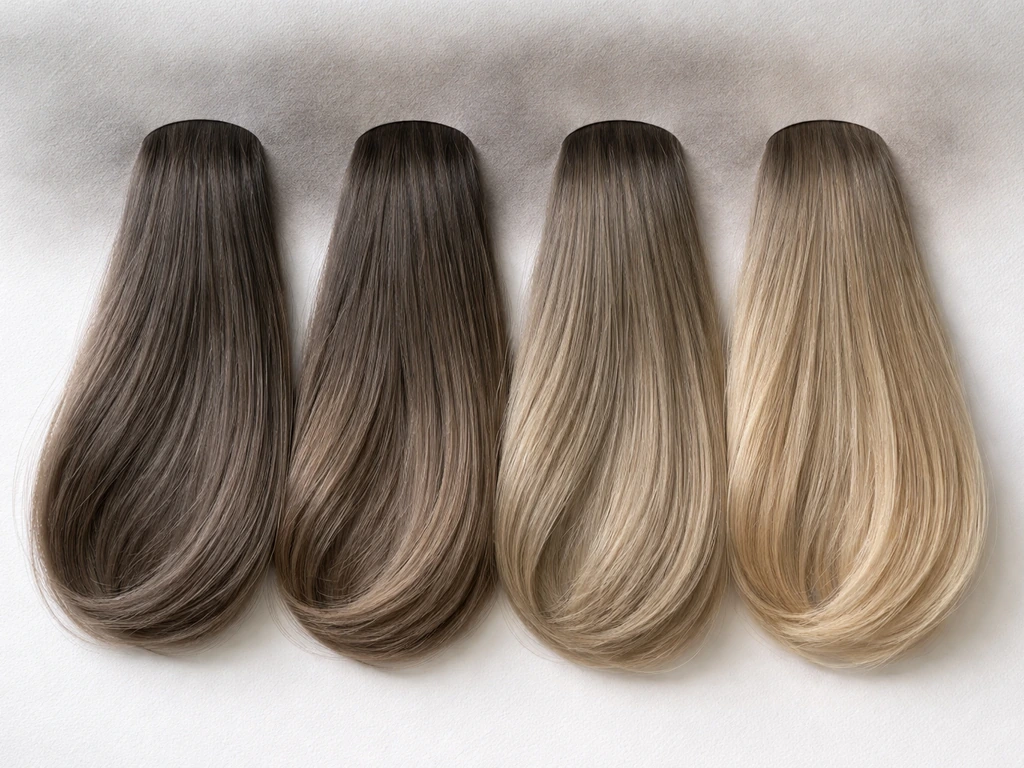 Four side-by-side hair color swatches showing ash brown, mushroom brown, ash blonde, and beige blonde blending into grey