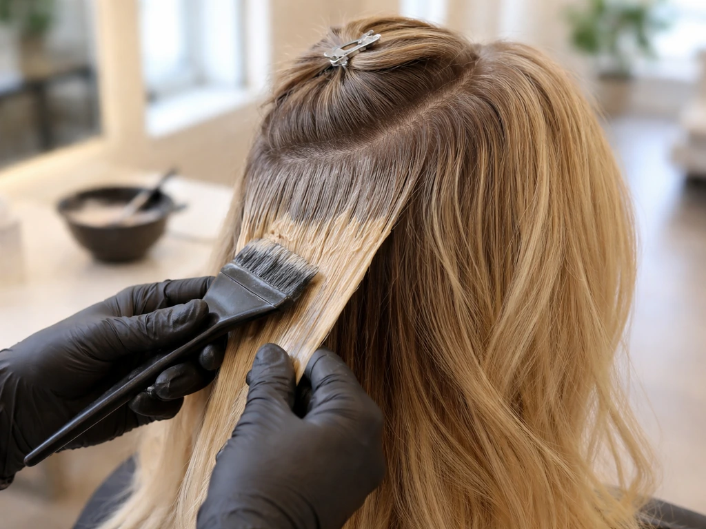 Hair colorist blending natural grey into soft roots on a client’s hair in a bright salon.