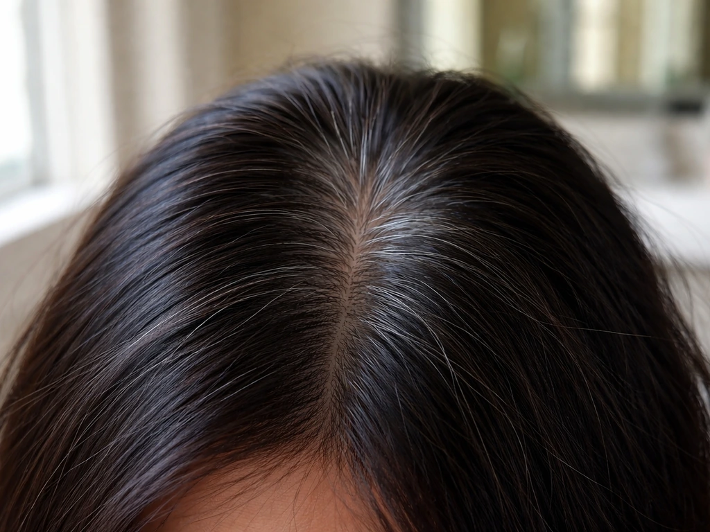 Close-up of a person’s hair at the roots showing dark regrowth blending with grey strands