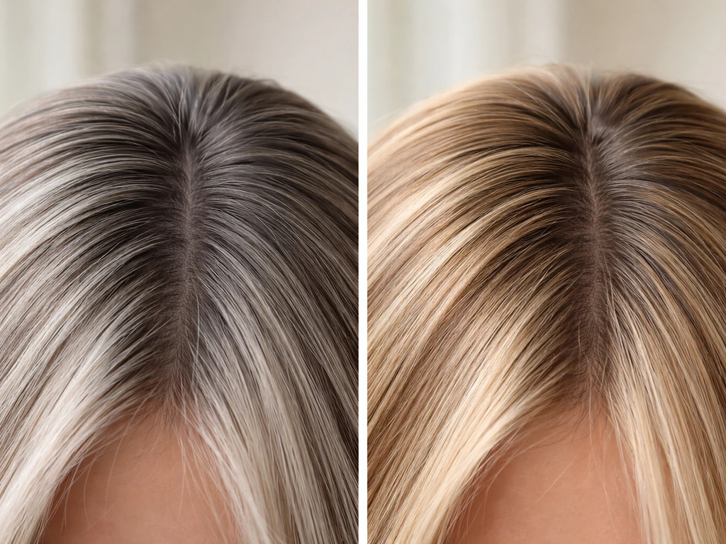 Side-by-side close-up of hair roots showing cool ashy grey vs warm beige-grey undertones.