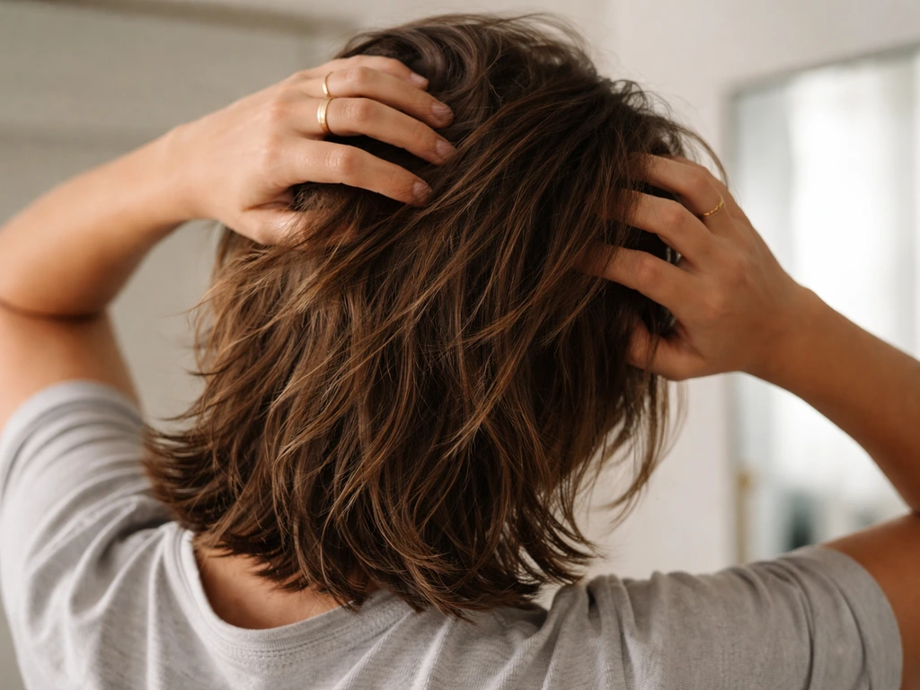 Anonymous person’s hands styling layered, textured hair to diffuse any grow-out transition line.