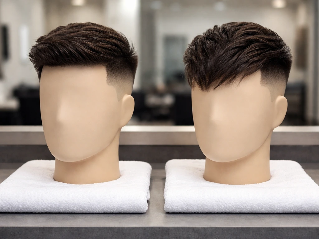 Barber mannequin heads showing clean side undercut and textured longer top for growing out hair