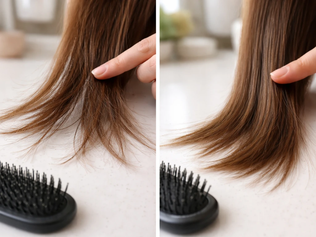 Close-up of hair showing frayed split ends versus smoother strands, with brushing to tame flyaways and cowlicks.