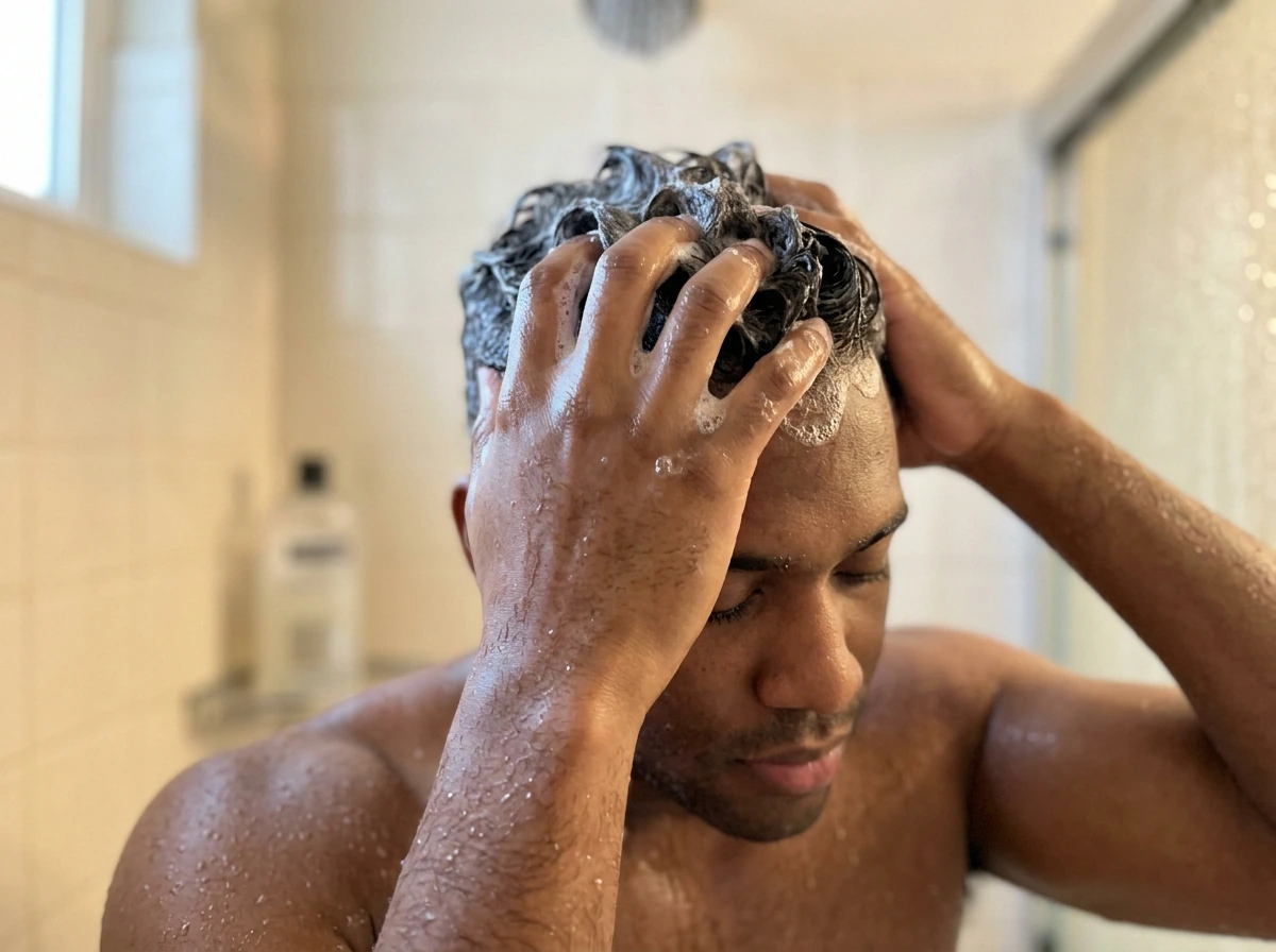 Man washing hair with sulfate-free shampoo in shower, showing clean scalp routine