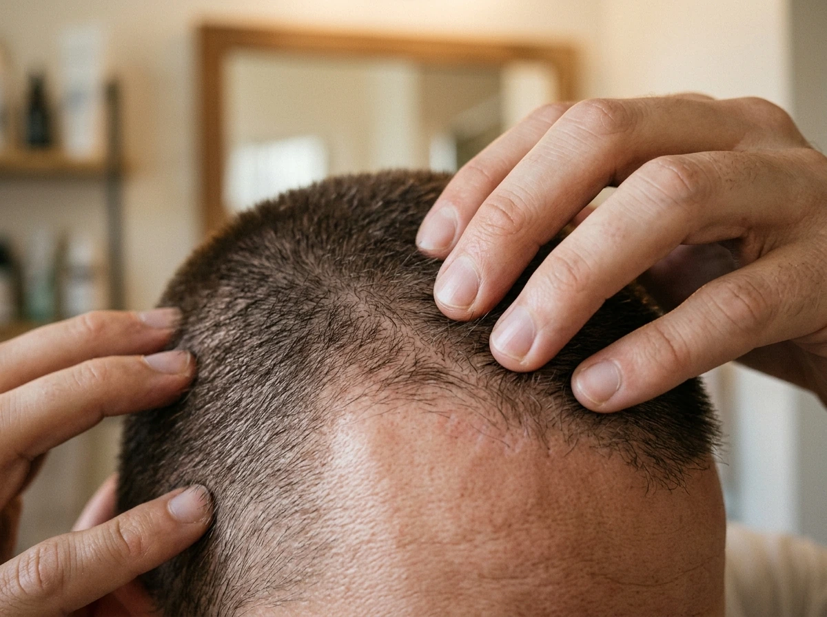 Fingertip scalp massage in circular motions at the hairline