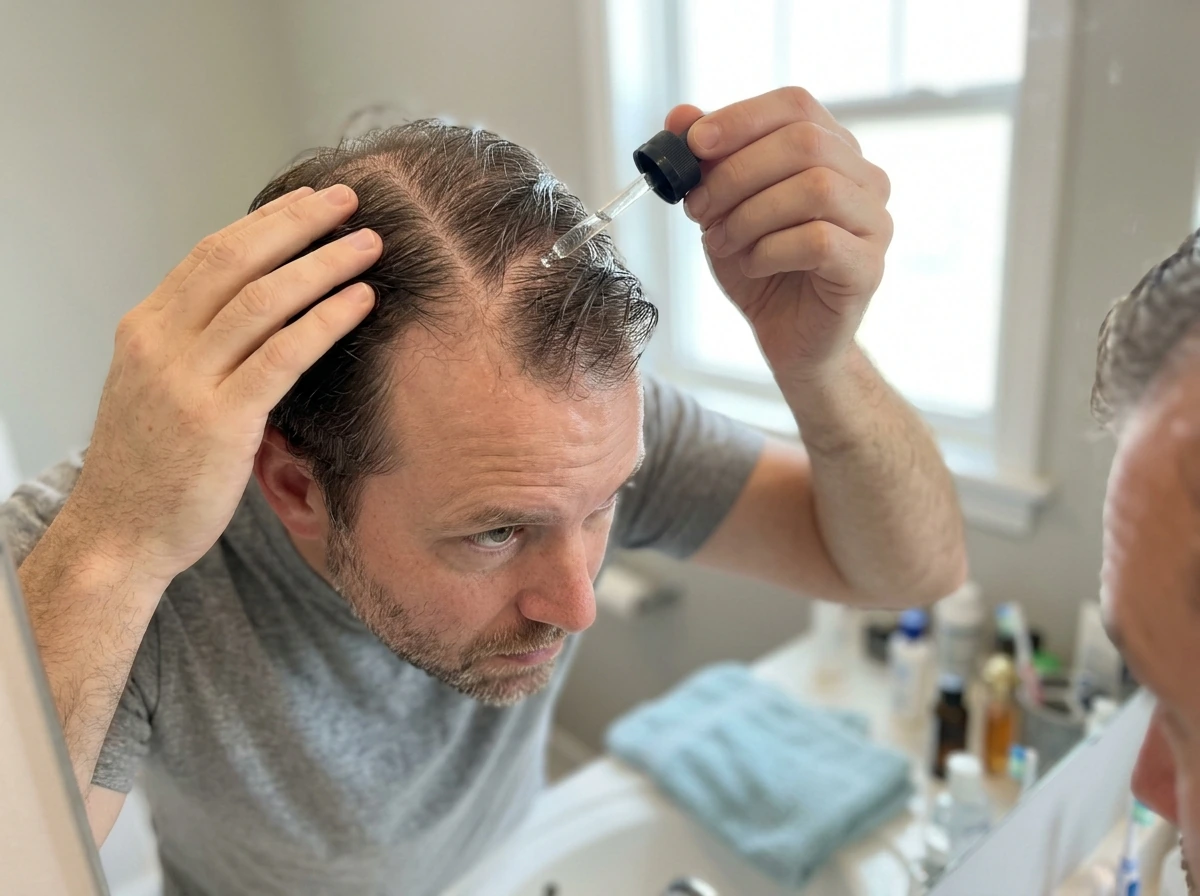 Man taking evidence-based thinning treatment: minoxidil applied to scalp dropper